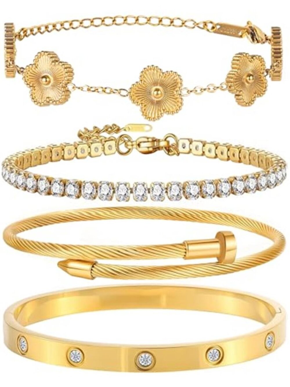 18K Gold Plated Bangle Bracelet Set for Women Stackable Lucky Floral Adjustable